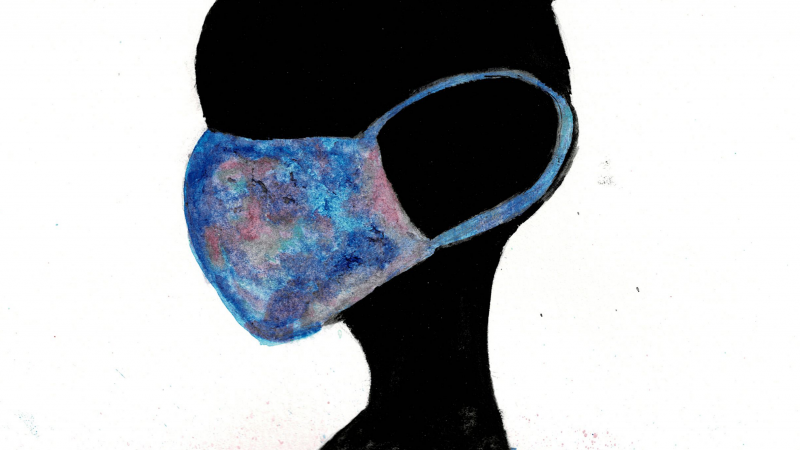 Artwork featuring a black silhouette of a woman wearing a brightly colored mask on a white background.