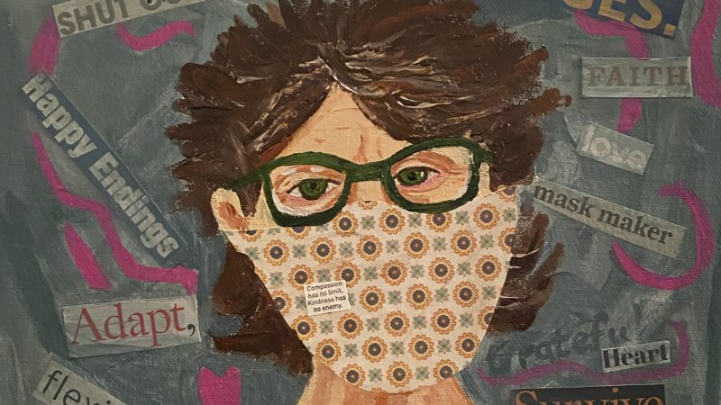 Artwork depicting a woman with short brown hair wearing eyeglasses and a face mask, in front of a gray bacground with