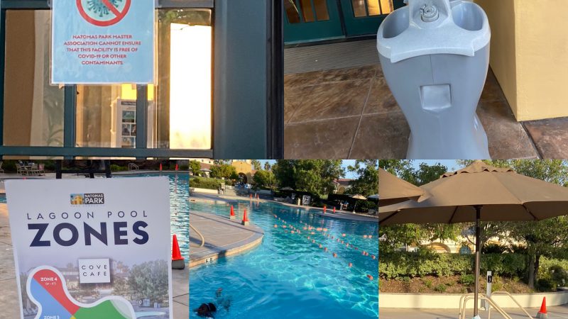 Group of pictures. Shows a sign, water fountain, a sign for the local pool in Natomos that has zones laid out, picture of pool and a table with a sign saying zone 4.