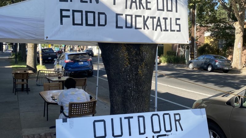 A handmade black & white sign on a tree reads "8AM ZEBRA CLUB CLOSE OPEN 4 TAKE OUT FOOD COCKTAILS." Another sign beneath it reads "OUTDOOR DINING COCKTAILS."