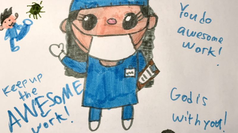 Hand drawn picture of a doctor in blue. With various inspiring phrases.