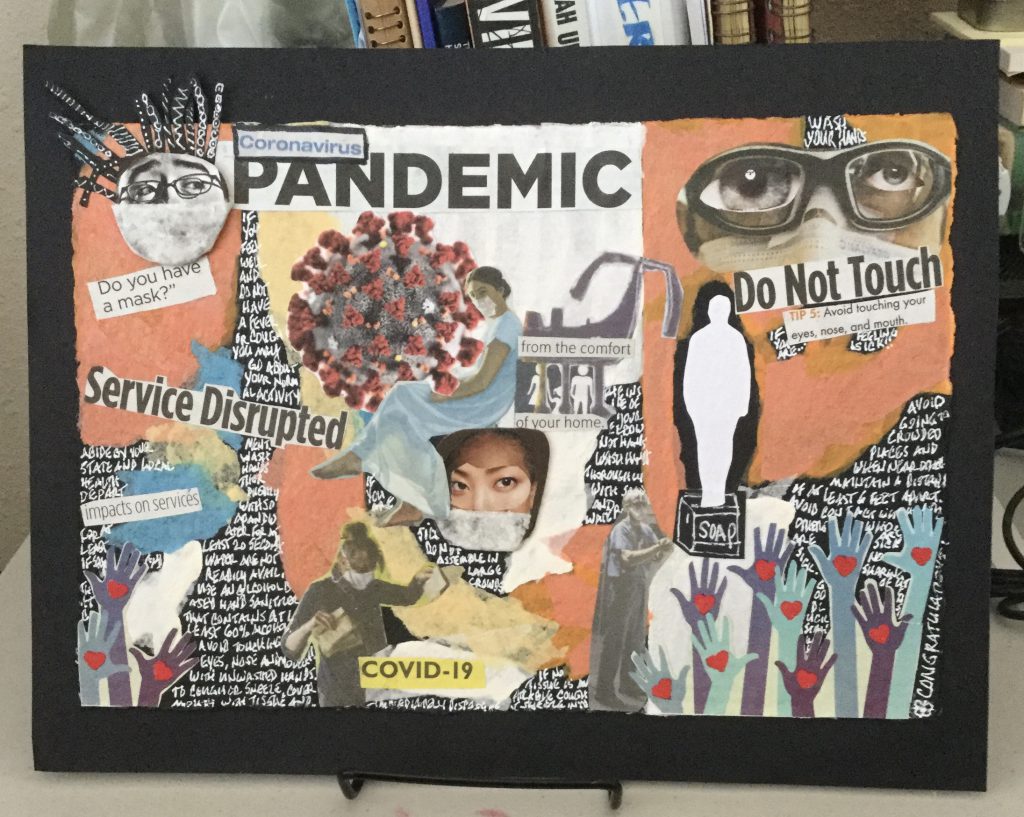 A multicolor collage featuring faces of people wearing masks, hands with hearts on them and the words Coronavirus, Pandemic, Do Not Touch and COVID-19.