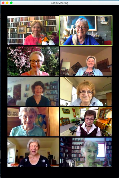 A screenshot of a Zoom meeting with 10 women.