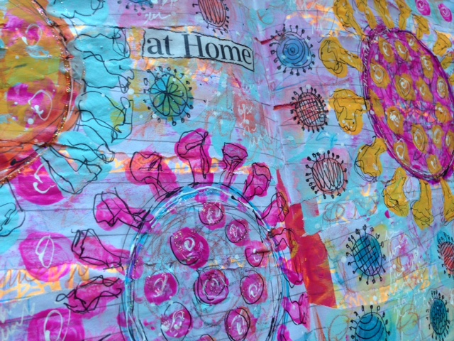 A brightly colored mixed media artwork featuring abstract COVID molecules and the words "at Home."